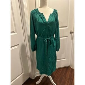 Emerald Green Button Front Tie Waist Long Sleeve Midi Shirt Dress Women's